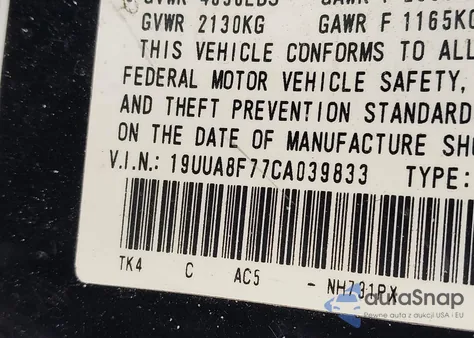 2012 Acura Tl 3.5 z USA, uszkodzony, nr VIN 19UUA8F77CA039833